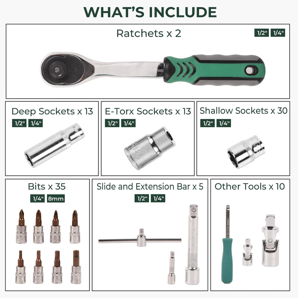 108pcs Mechanics Tool Set and Socket Set 1/2" 1/4" Metric Drive Socket Tool Set - Image 4 of 4