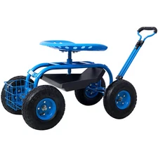 Outdoor Rolling Scooter Garden Cart Seat with Wheels Tool Tray 360 Swivel Seat