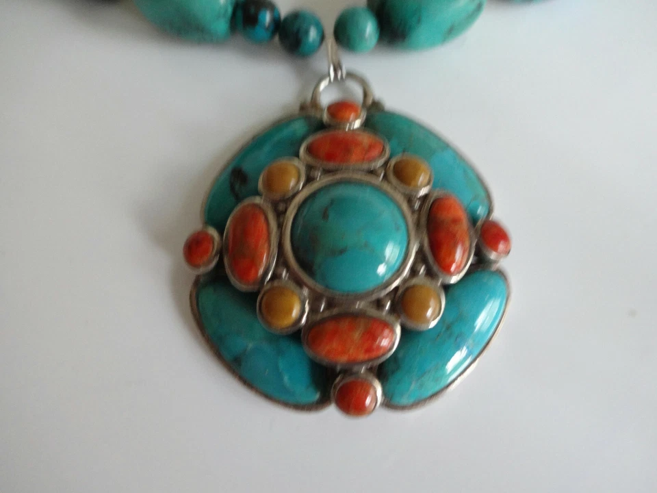 Vtg Signed Barse Sterling Silver 88g Turquoise Necklace Coral Cross Pendant 19" - Image 2 of 4