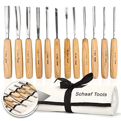 Schaaf Full Size Wood Carving Tools Set of 12 with Canvas Case Gouges and Chise