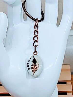 BOHO HAND CRAFTED POTTERY BEAD HAND PAINTED ON ANTIQUED COPPER KEYCHAIN