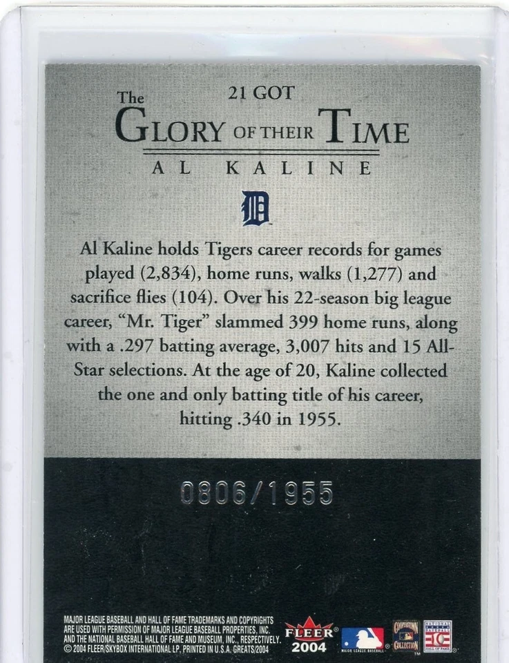 2004 FLEER GREATS #21GOT AL KALINE GLORY OF THEIR TIME /1955 DETROIT TIGERS HOF - Image 2 of 2