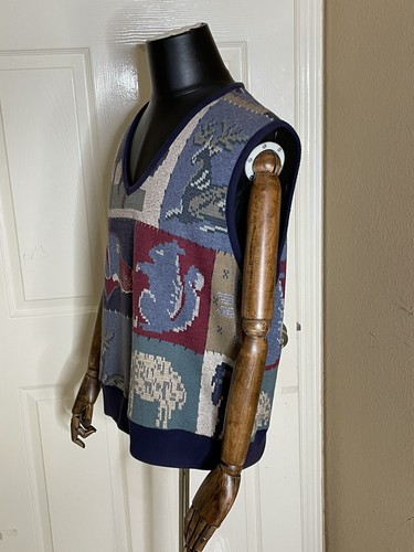 Vintage 90s Mens Flannel Finish Cotton Knit Vest L Patchwork Outdoors Structure - Picture 2 of 12