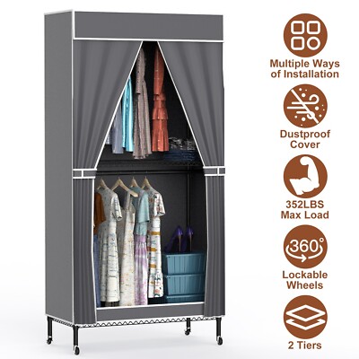 Bedroom Clothing Rack w/ Cover Wardrobe Closet Covered Garment Rack Cloth Rack