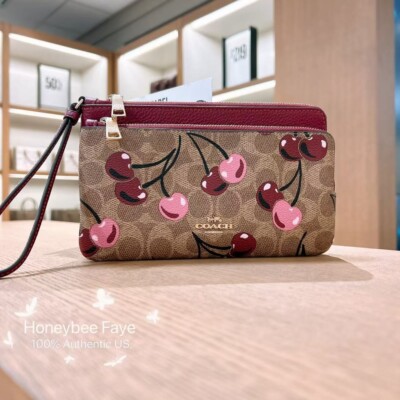 NWT Coach Double Zip Wallet In Signature Canvas With Cherry Print
