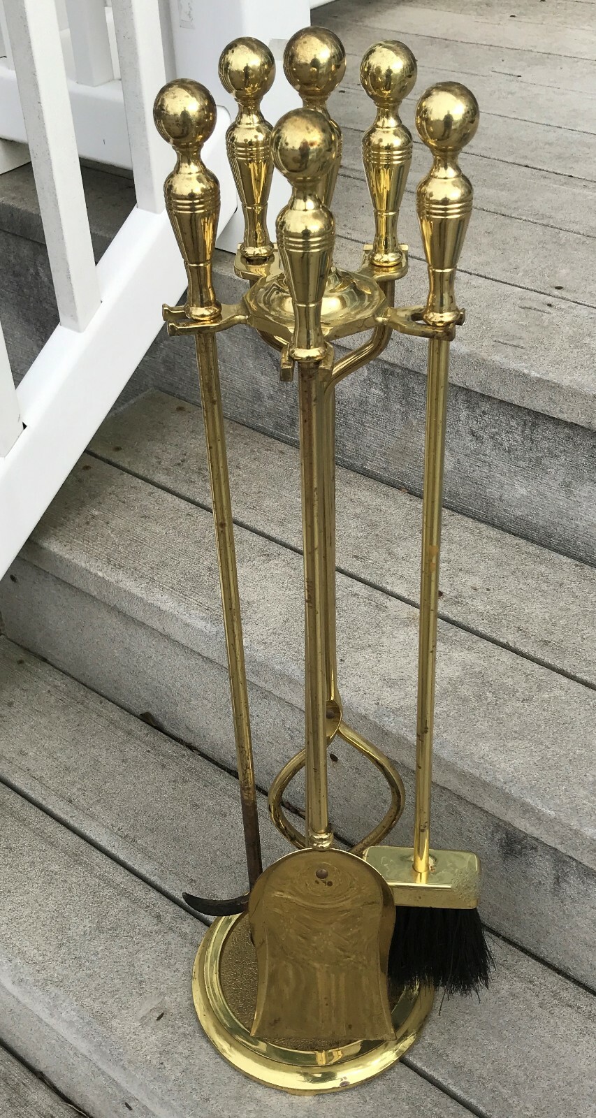 Mid Century Brass Fireplace Tool Set 4 Pc Poker Broom Shovel Tongs