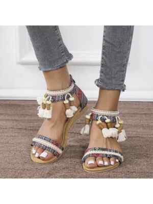 Elegante Bequeme Beige Boho Chic Damen Sandalen Aus Synthetischem Leder 62513