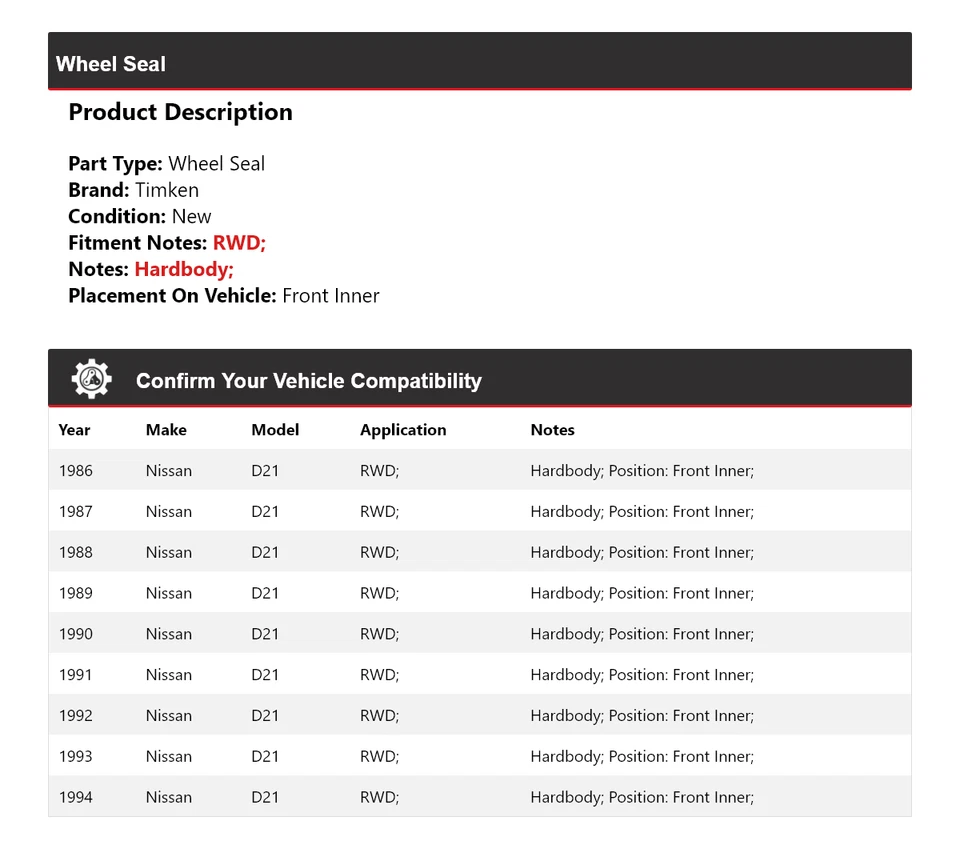 Sello de rueda interior delantero Timken 1987 1988 1989 1990 para Nissan D21 1986-1994 tracción trasera Foto 2 de 4