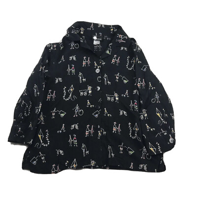 First Option Shirt Women s Small Black Button Up Top Drawings Doodles AOP