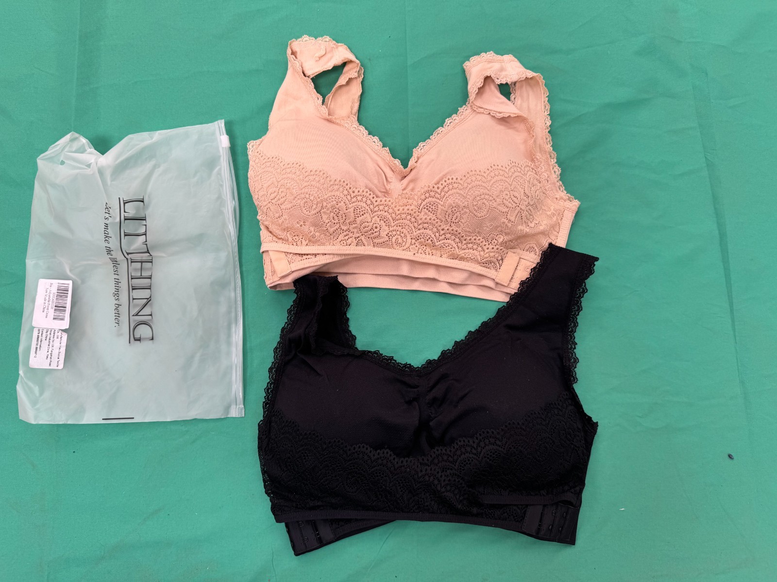 LITHING Front Cross Lace Bra Set XL Black Beige Adjustable Wireless Support image 3
