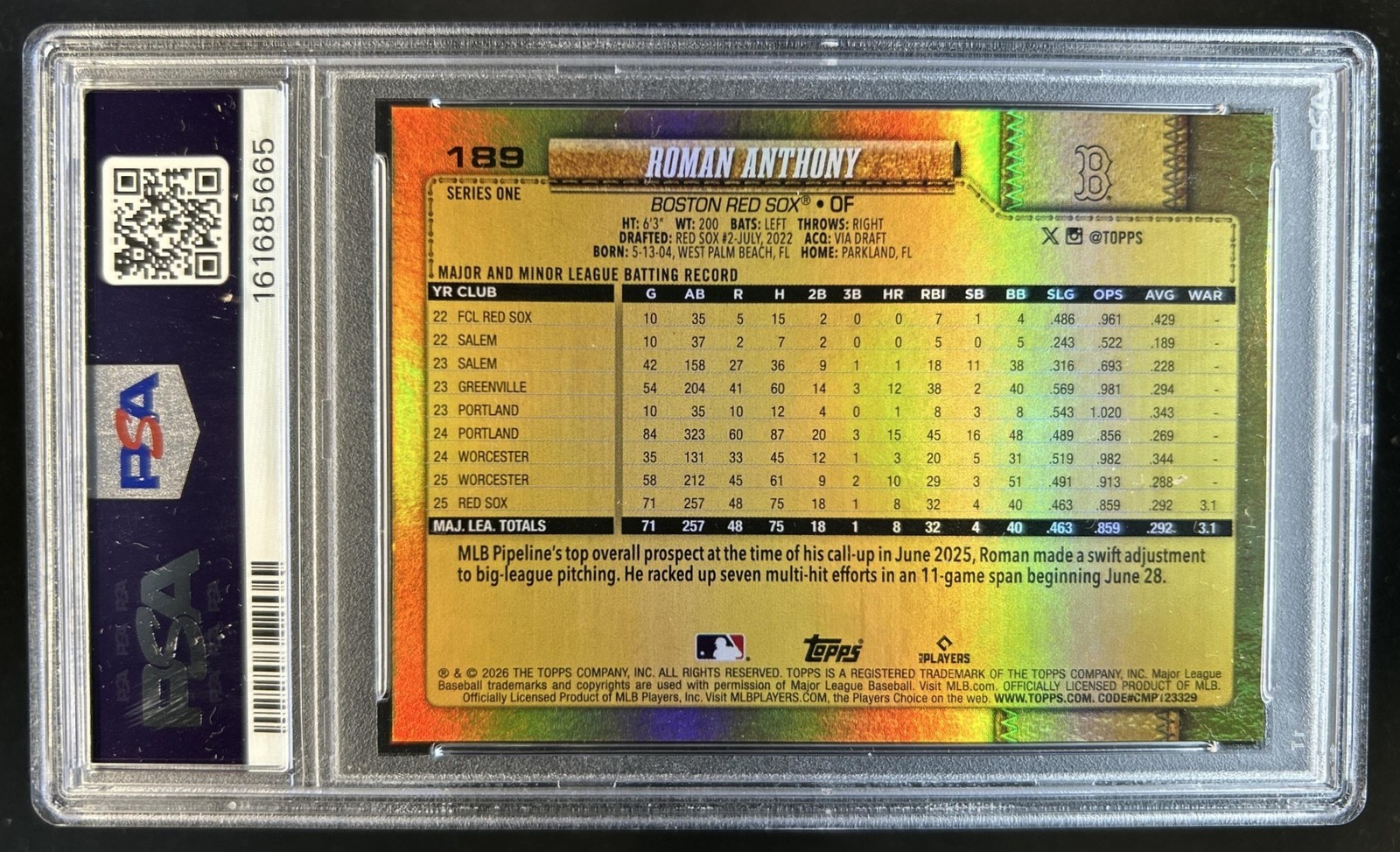 2026 Topps Roman Anthony RC Golden Mirror Variation SSP #189 PSA 10 GEM MINT view 2