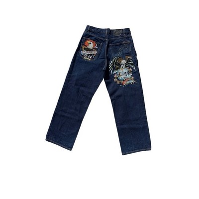 Ed Hardy Jeans Mens 34x32 Dark Wash Skull Eagle Embroidered Y2K