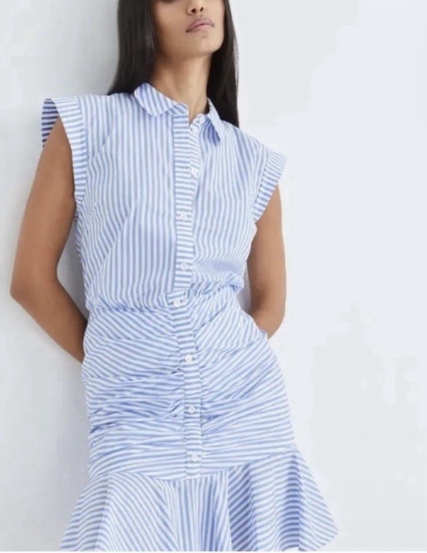 VERONICA BEARD Bell Button Down Blue White Striped Ruched Dress Size 0