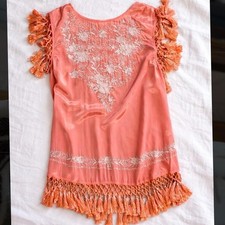 EUC Sundance Coral Embroidered Tassel Tunic Fringe Boho Top Dress Cover Up S