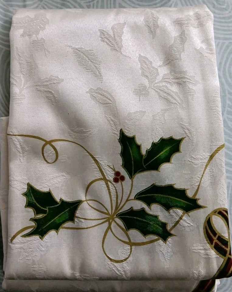 Lenox Tablecloth 60" X 84" Oblong Ivory Holiday Nouveau Holly Christmas New  - Image 3 of 4