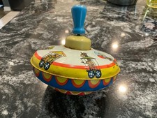 Vintage Mid Century Bryan Ohio Art Metal Spinning Top Circus Train Animals Tin