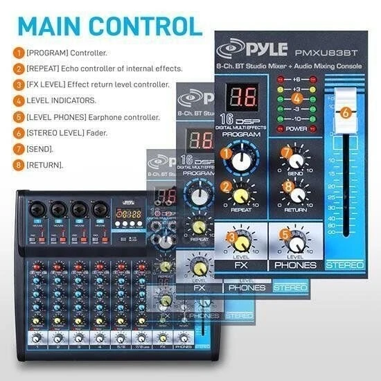 Pyle Bluetooth 8 Ch. Studio / DJ Controller Audio Mixer Console System PMXU83BT - Image 4 of 4