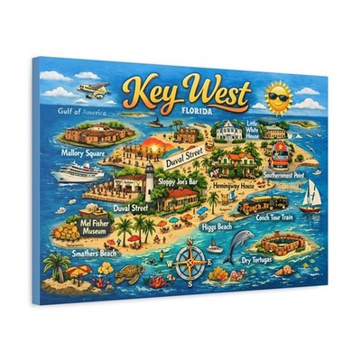 Key West Map Canvas | Florida Illustrated Island Map Wall Art | 24'' x 16''
