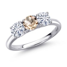 925 Sterling Silver Peach Morganite and White Moissanite Engagement Ring For