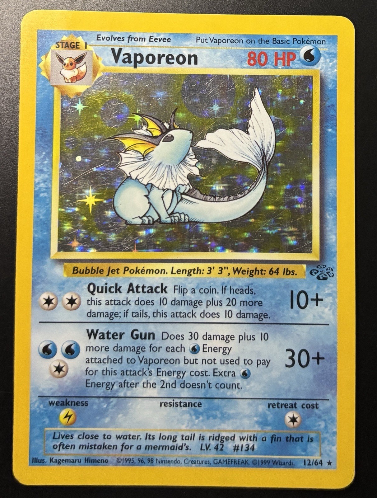 Pokémon Vaporeon Jungle Set Holo Rare 12/64 Unlimited Vintage Card TCG