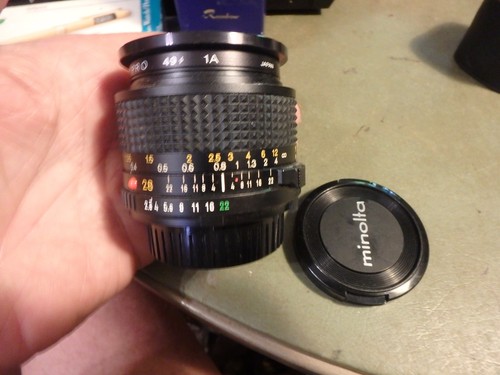 2X- minolta camera accessory- MD 28mm lens with PRO 1a filter and SOLIGOR 2X