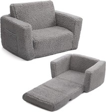 Grey, Convertible Sofa to Lounger, 2-in-1 Flip Out Cuddly Sherpa Toddler Couch