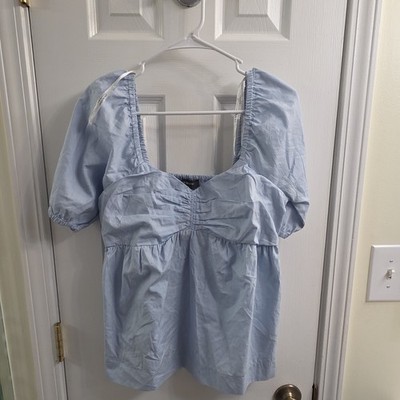 Primark Light Blue Puff Sleeve Ruched Cotton Square Neck Blouse Women Size 6