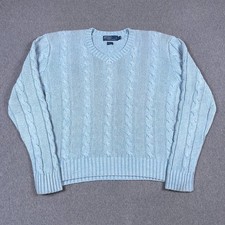 VTG Polo Ralph Lauren Sweater Mens XL Silk V-Neck Blue Cable Knit Fisherman