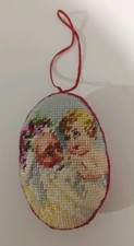 Vtg Needlepoint Santa And A Child Christmas Ornament Hand Stitched