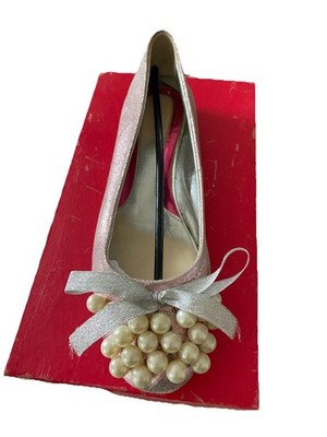 Cochni Beautiful Pink Sparkling Shoes With Wite Beads And A Bow 39 ( 8.5)