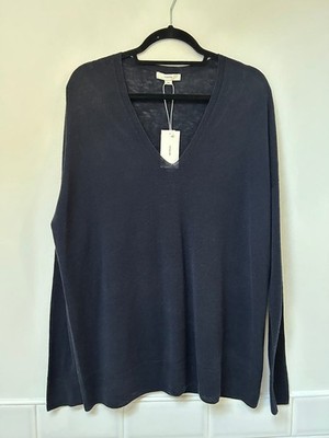 Langer Feinstrickpullover VINCE dunkelblau Wolle-Kaschmir-Mischung V-Ausschnitt L UK12-14 365 £