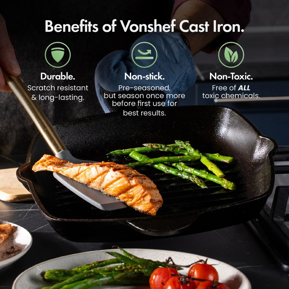 Cast Iron Griddle Pan, 10" Pre-seasoned Non-stick Frying Pan, Vonshef - Image 2 of 4