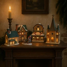 Vintage Christmas Lighted Village Set 4 Ceramic Houses Church Children Sled