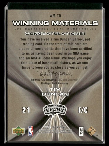 2006-07 SPx #WM-TD Tim Duncan Winning Materials - Picture 2 of 2