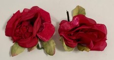 2 Fabric Roses Millinery Flowers Leaves for Hats Crafts Bouquet Dress Vintage