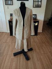 Talbots Tan Faux Suede 2pc Skirt Suit Set Open Front Midi Skirt Lined Size 12