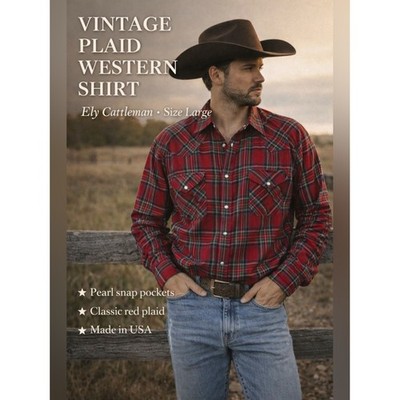 Vintage Ely Cattleman Red Plaid Pearl Snap Western Shirt | Men's Large