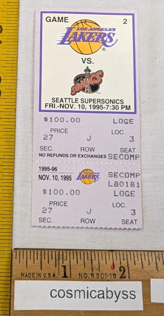Lakers vs Supersonics 11/10/1995 ticket Cedric Ceballos 32p 12r Shawn Kemp 27p