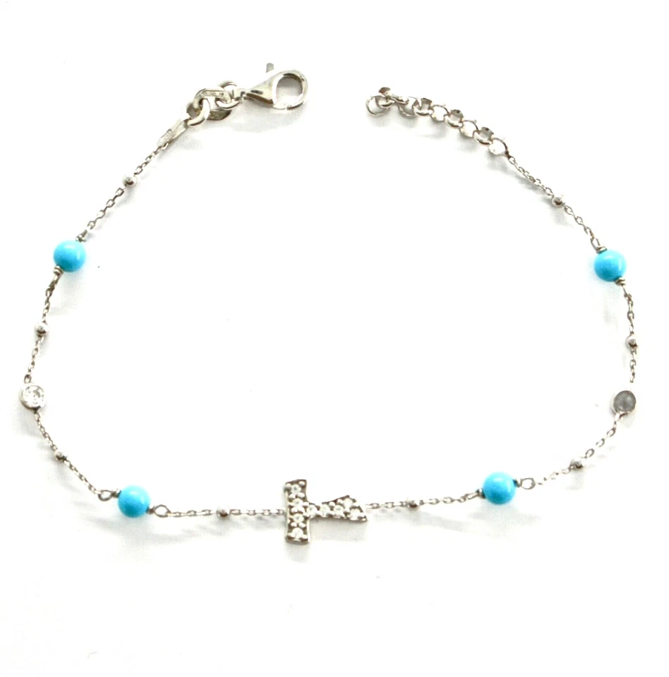 Bracelet En Argent 925 Avec Pâte De Turquoise Et Croix Tau Avec Zircon Cubique - Photo 2/4