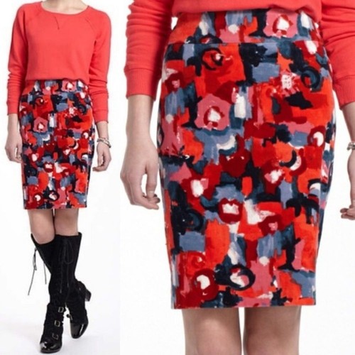 Anthropologie Vanessa Virginia Gonna a matita in velluto a coste floreale pittoresca, Rosso - 6