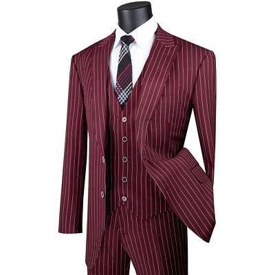 BIG & TALL Men's Burgundy Chalk Stripe 3 Piece Regular Fit Suit NEW