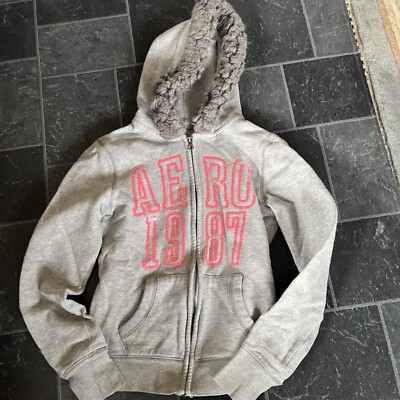 AEROPOSTALE Zip Up Hoodie Size Small Fur Lined Gray Sweatshirt Jacket Y2K  HTF