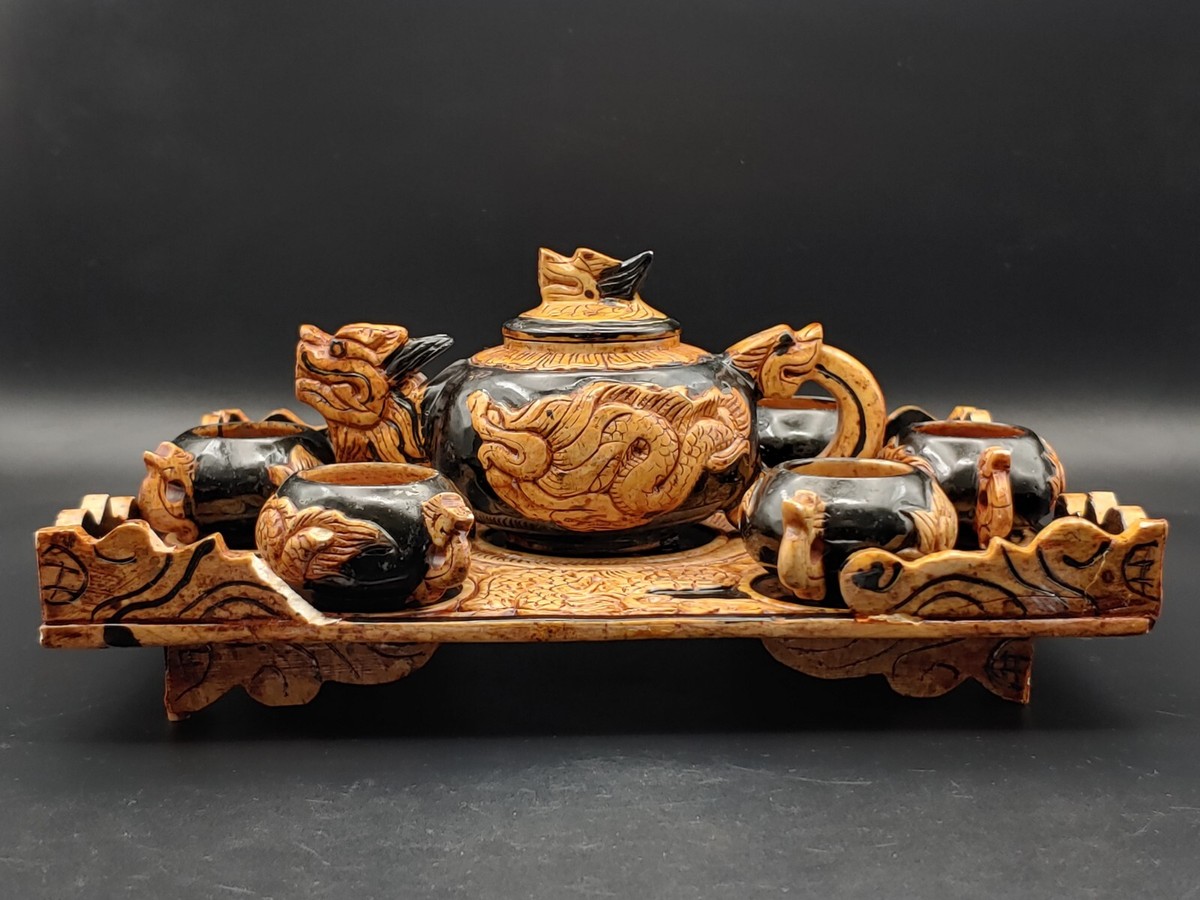 藏传佛教寿山石雕 龙凤嵌螺钿黑釉茶台茶壶 Tibet Shoushan Stone 藏传佛教寿山石雕 龙凤嵌螺钿黑釉茶台茶壶 Tibet Shoushan Stone