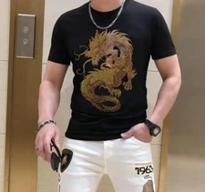 Fashion Dragon Trend Rhinestone Summer Cotton Short Sleeve Luxury Men T-Shirt