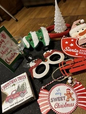 Christmas Holiday Lot Blinking Tree Head Band, Snowman Glasses, Ornaments