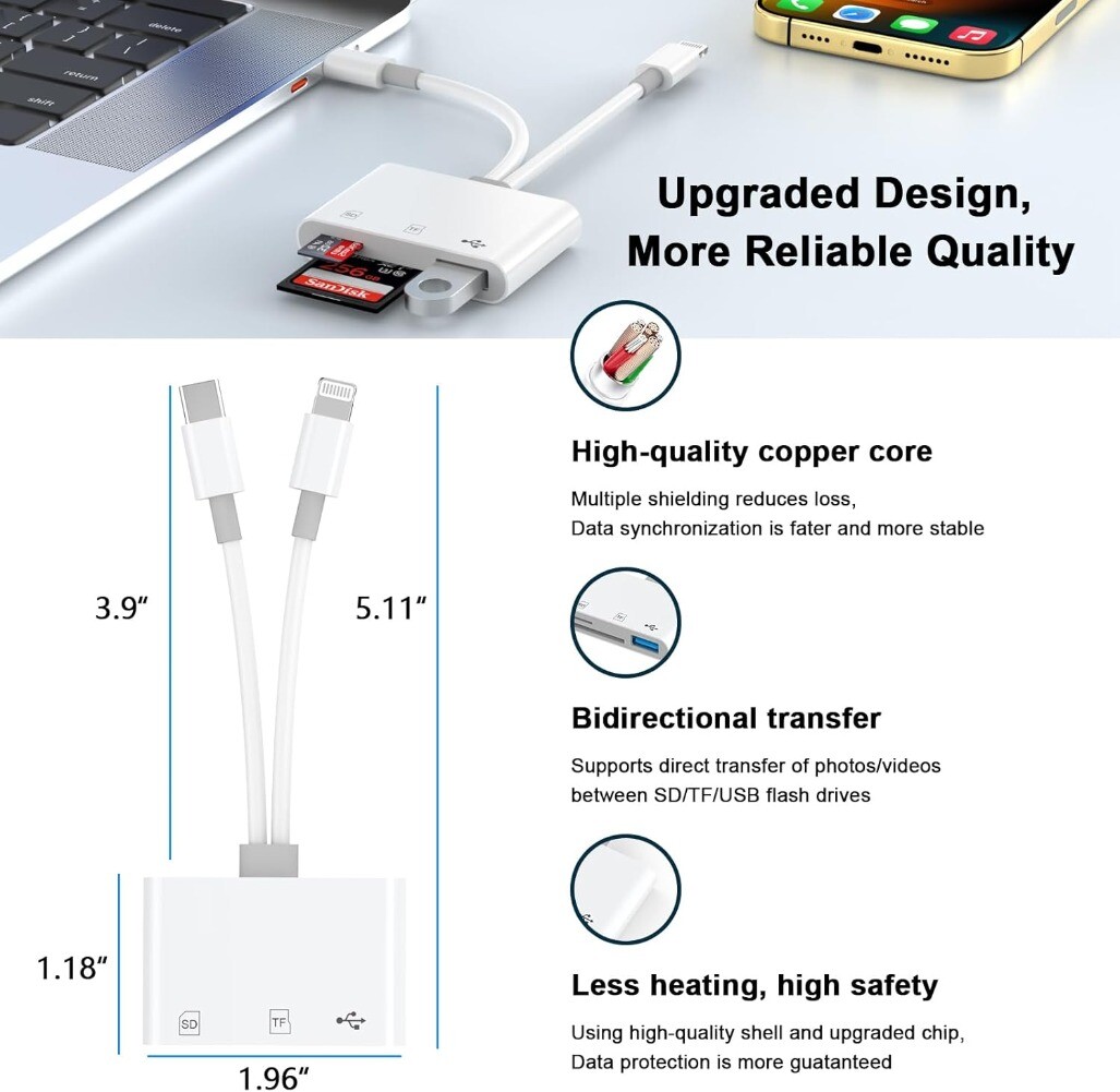 Oblinple 2-in-1 SD-kaartlezer Voor IPhone En Type-C – Lightning En USB C, Micro SD, Dubbele Sleuf, Ondersteunt SD/TF Tot 256 GB, Plug-and-Play