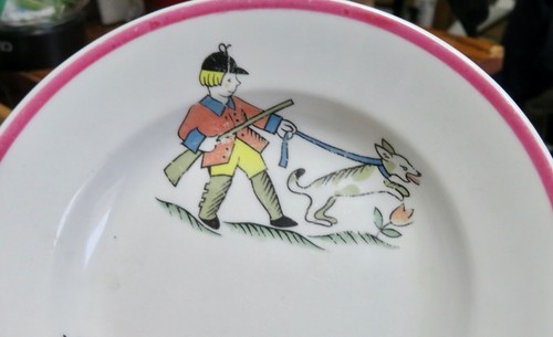 Children's cereal bowl hunting dogs school house O.P. Co. Syracuse 1932 - Picture 3 of 6