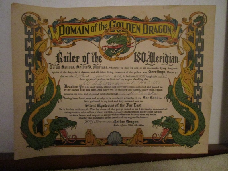 1946 Domain of the Golden Dragon Int'l Date Line Certificate USS Panamint