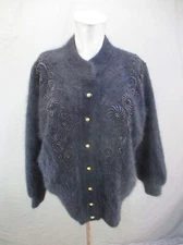 Belldini Size M Women Black Angora Rabbit Hair Blend Warm Button Up Cardigan 562