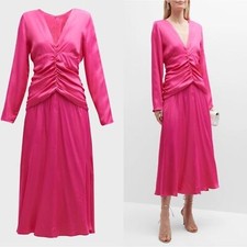 NWT FARM RIO Long-Sleeve Ruched-Waist Midi Dress Pink Fuchsia Sz S